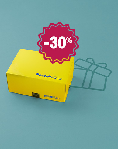 Pacco giallo su sfondo celeste con pacco regalo e bollino dello sconto