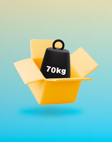 Pacco giallo con un peso e la scritta 70 kg