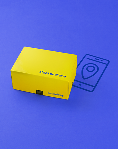 Pacco giallo su sfondo blu e uno smartphone accanto