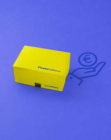 Pacco giallo su sfondo blu con una mano che regge una moneta