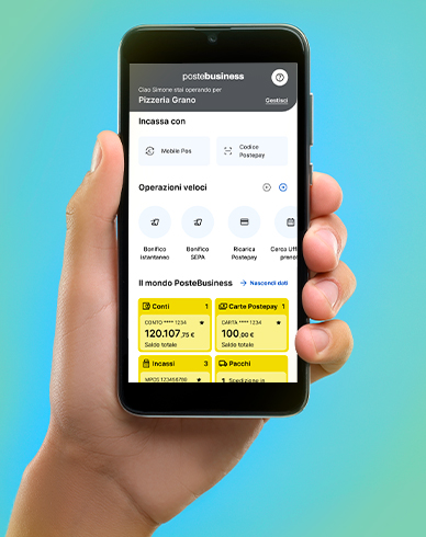 Schermata smartphone con focus su App Poste Business